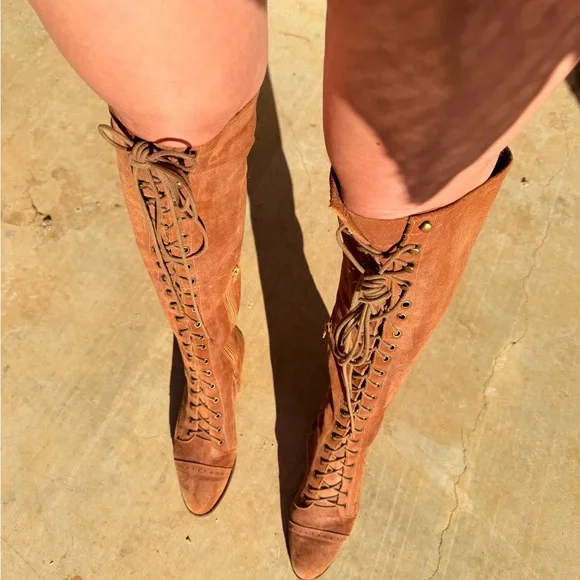 Jeffrey Campbell Sz 9 Brown 100% Lambs Leather Tall Lace Up boot Free People Joe - Picture 7 of 16